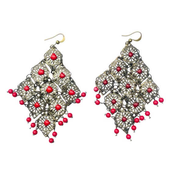 Vintage Gold and Red beaded Dangle Earrings - Picture 1 of 1